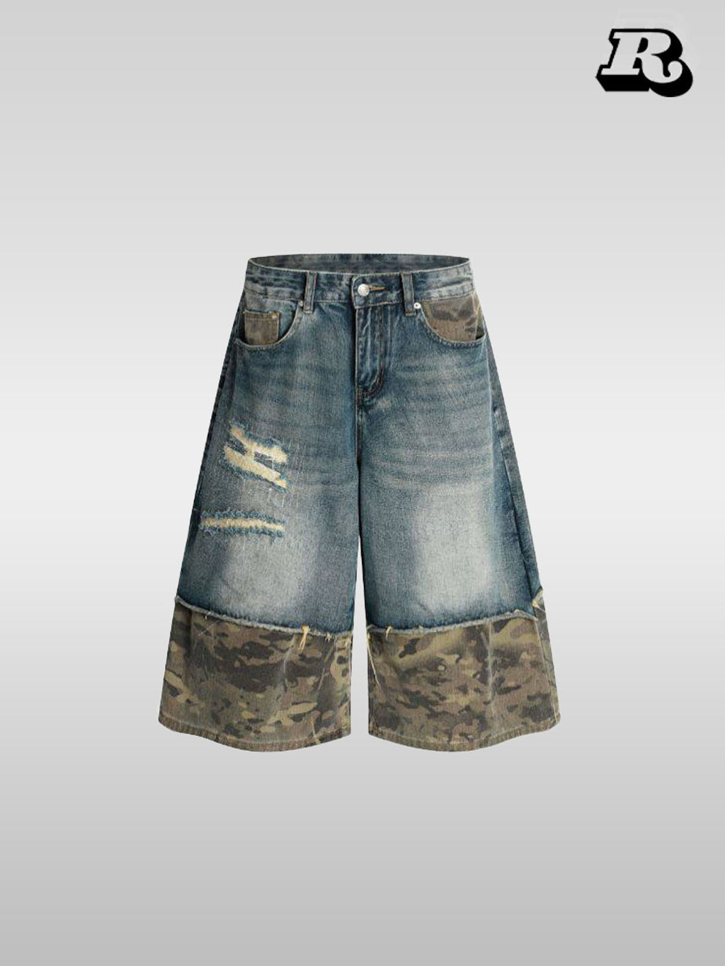 Vintage Camo Patchwork Destroyed Cropped Denim Pants - RIYOOO