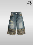 Vintage Camo Patchwork Destroyed Cropped Denim Pants - RIYOOO
