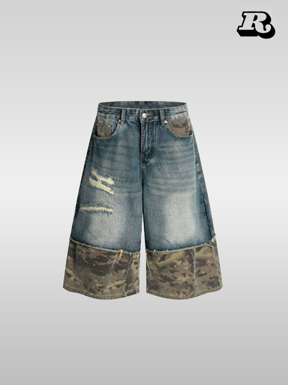 Vintage Camo Patchwork Destroyed Cropped Denim Pants - RIYOOO