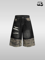 Vintage Camo Patchwork Destroyed Cropped Denim Pants - RIYOOO