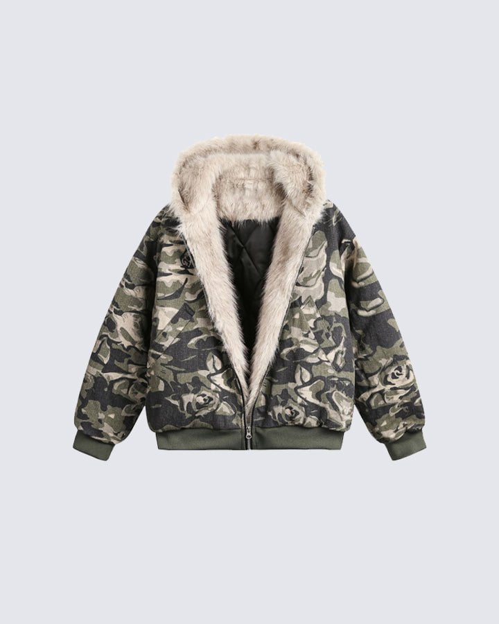 Riyooo Street Camo Fur Denim Jacket