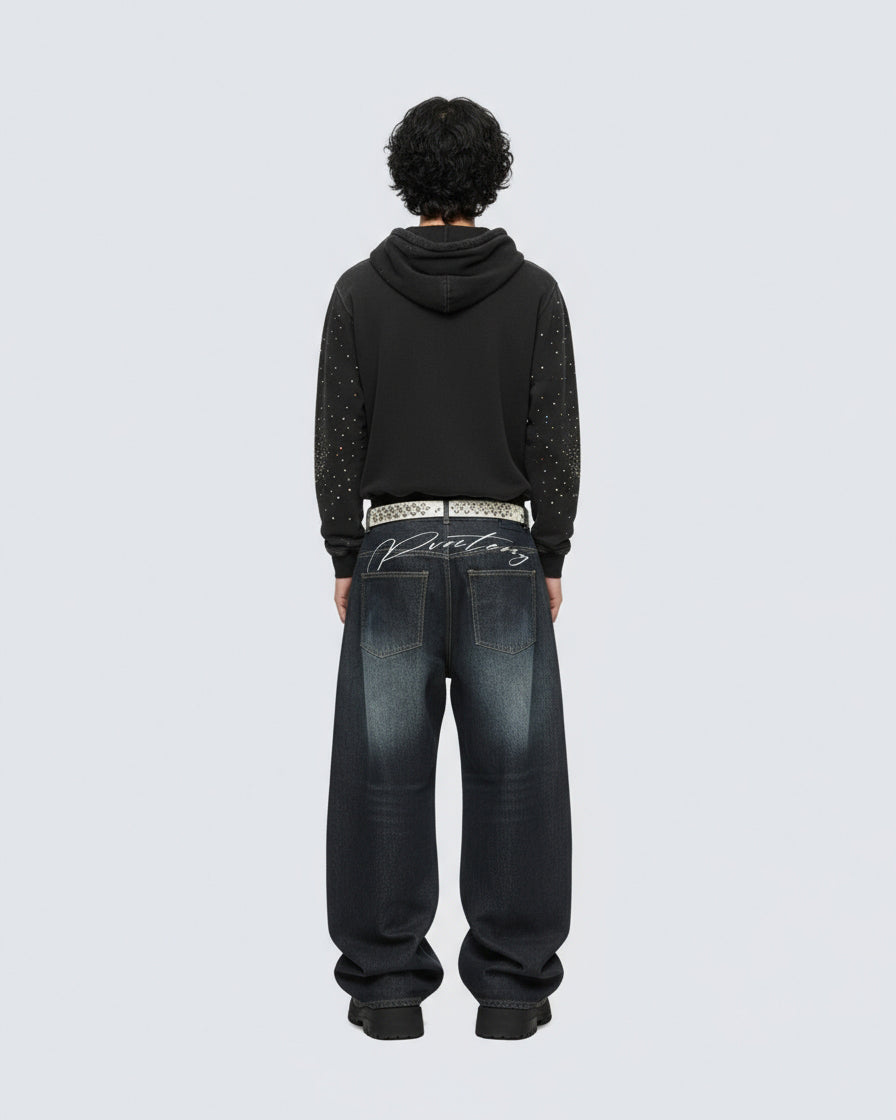 Patchwork Design Washed Denim Pants